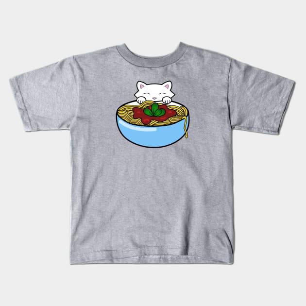 Cute cat eating spaghetti Kids T-Shirt by Purrfect